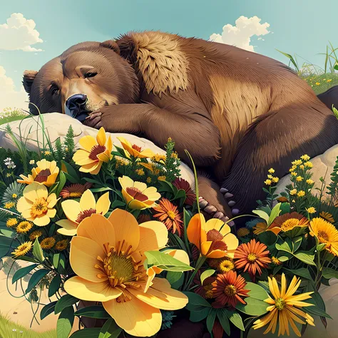 one peaceful brown bear snoozing on a grassy hill, surrounded by buzzing bees, dreaming of golden honey, rendered in the style of Bev Doolittle, one head, one face, four legs, two ears, four paws