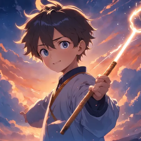 masterpiece, best quality, movie still, ((1boy)), cloud, floating in the sky, close-up, bright, happy, warm soft lighting, sunset, holding baton, focus face, conductor, (sparks:0.7)