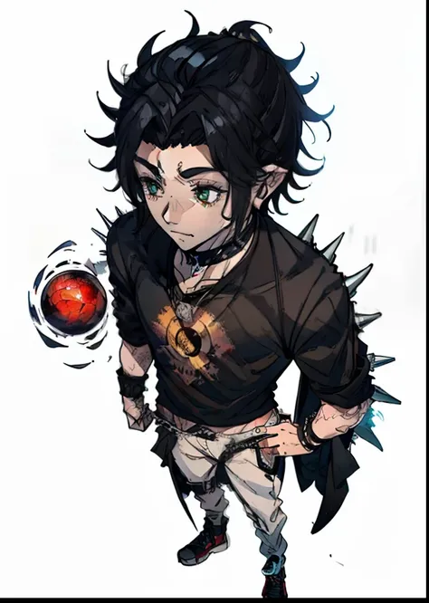 um meio elfo, medium black hair half spiky, Olhos vermelhos, Dragon scales from cheek to neck, um moletom preto com duas listras verticais na costela, White Jens pants with red scribbles and black sneakers, dragon scales on the right hand and on the left a...