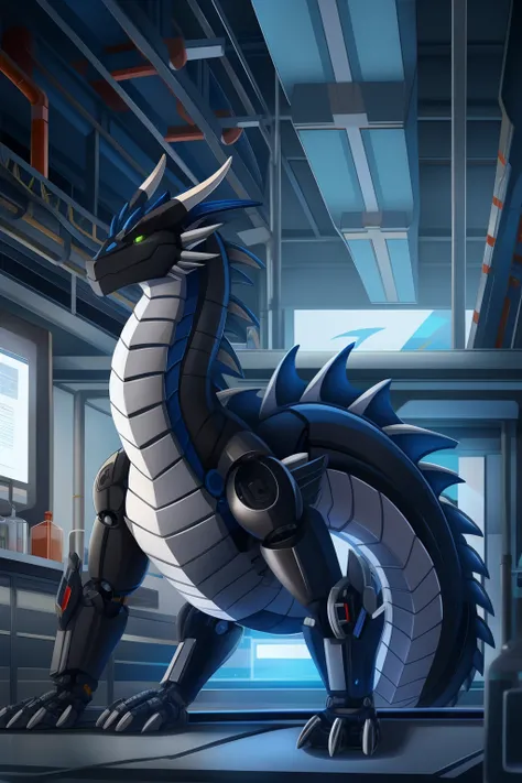 Mechanical dragon，Pitch-black body，White belly，Blue back，Dismantled in the laboratory