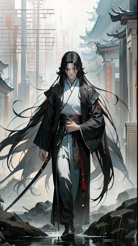 a painting walking in the rain, flowing hair and long robes, full-body xianxia, long flowing black hair, heise-lian yan fang, fu...