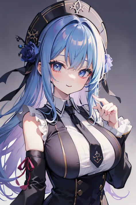 Student uniform、shirt、neck tie、tits out、Gothic lolita、Fluffy hairstyle、２Colored hair、sleeved、sleeveless、Eye Highlights、Sleeved、stupendous、细致背景、Medieval background、Fantasy background、A smile、Throat and face