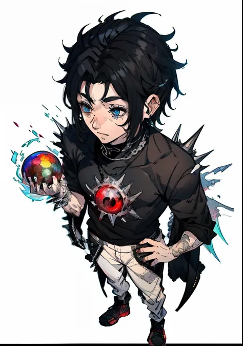 um meio elfo, medium black hair half spiky, Olhos vermelhos, Dragon scales from cheek to neck, um moletom preto com duas listras verticais na costela, White Jens pants with red scribbles and black sneakers, dragon scales on the right hand and on the left a...