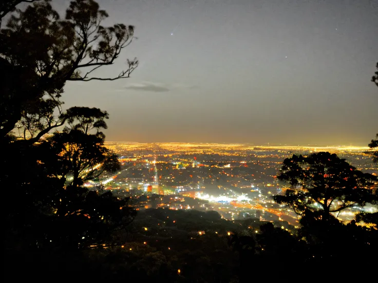 See the night view of the city from a hill with trees, City lights on the horizon, Lights in the distance, shiny city in the distance, scenic view at night, City lights in the background, looking over city, Lights on, Town lights in the distance, Night lig...