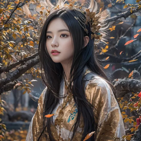 32K（tmasterpiece，k hd，hyper HD，32K）Long flowing black hair，ponds，zydink， a color，  Asian people （Silly girl）， （Silk scarf）， Combat posture， looking at the ground， long whitr hair， Floating hair， Carp pattern headdress， Chinese long-sleeved clothing， （abstr...