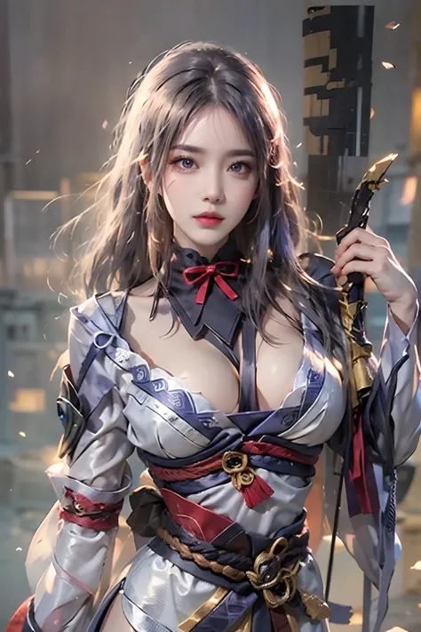 Photorealistic, high resolution, 1 girl, Hips up, Long hair, Beautiful eyes, normal breast, Raiden General costume