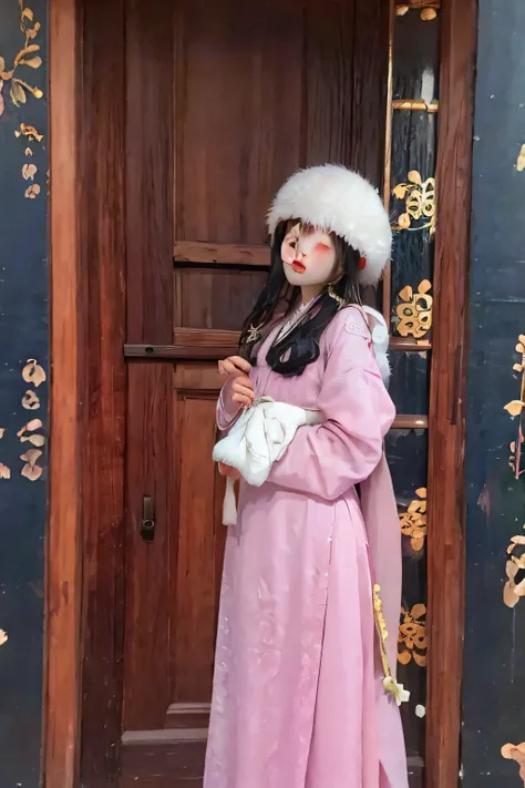 an araki woman in a pink coat and hat stood in front of the door, traditional chinese clothing, with acient chinese clothes, pal...