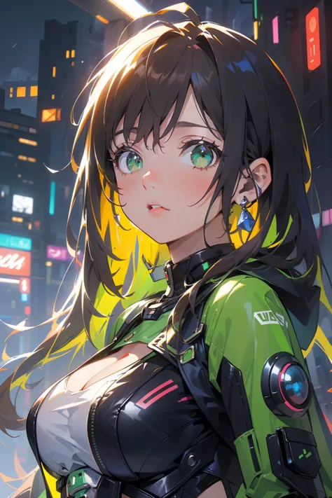 (masterpiece), (best quality), ultra high res, sharp focus, ((1 woman, solo)), upper body, cyberpunk theme, beautiful detailed hair, chestnut brown hair, long hair tumbles down, beautiful detailed face, ((beautiful shape eyes, green eyes)), perfect feminin...