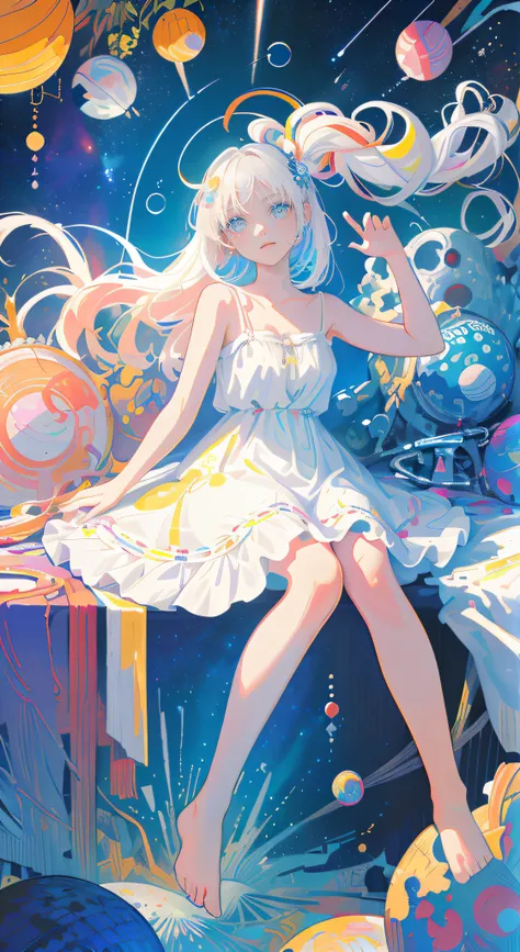 (Masterpiece, Best quality:1.2), (Ultra detailed),(illustration), the wallpaper, Original,
1girll, Messy white hair, spaghetti straps, White dress, Bare legs, Bare feet, Bare arms, space, Earth background, Near-Earth orbit, full bodyesbian,
,(Surrounded by...