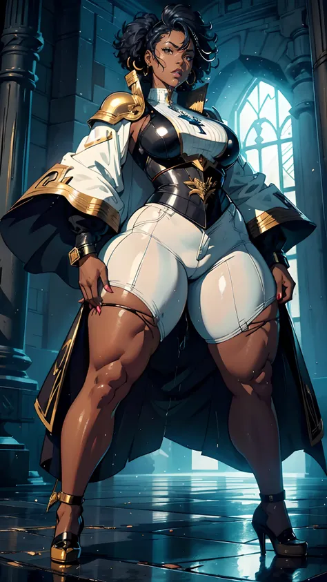 ((best quality)), ((masterpiece)), (illustration), (cinematic), (volumetric lighting), mature 35-year-old woman, anime shading:1.5, 1girl, dark skin, face looks like Rihanna, afro puffs hairstyle, two-tone hair, black hair, blue hair, fat girl, giantess, t...