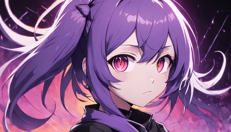 Anime character with purple hair and black mask with purple and black background, discord profile picture, profile picture 1024px, art cover, ((Hypersaturated)), by Kanbun Master, digital art from danganronpa, Tumbler, R - MK, Symmetrical Portrait RPG Avat...