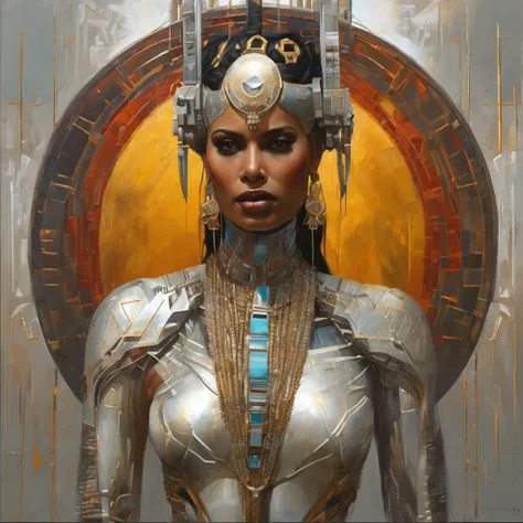 futuristic indigenous futurism,actress priyanka chopra as An advanced cybernetic cyborg indian Hindu goddesses of war, sensuality,artistic details,cyberpunk hindu mythology,epic sci-fi fantasy, centered,in the style of Nick Alm fantastical futuristic fanta...