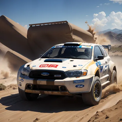 Ford Rally configuration, Intense action, adrenalinefilled, Mud splashes, High-speed stimulation, Rally cars fly in the dirt, Powerful engine roar, Precise operation, Dynamic angles, dust cloud, Sharp, A race against time."