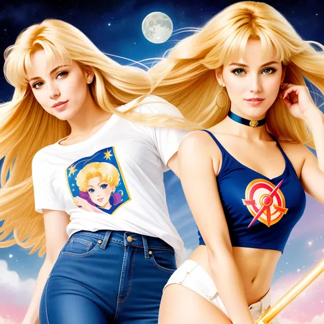 "(Mature and realistic depiction:1.2) Sailor Moon striking various confident poses  with the Moon wand, her blonde hair flowing gracefully, wearing stylish blue jeans and a trendy t-shirt."