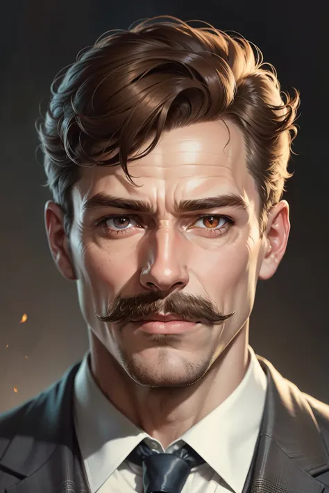 Close-up of a man in an old suit with a mustache, Portrait art by Rick Sanchez, Portrait of John Watson, in style of digital illustration, drawn in the style of mark arian,  Man with brown hair, digitally colored, detailed color portrait