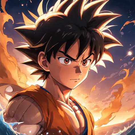 obra-prima, melhor qualidade, filme ainda, Goku, Dragon Ball, floating into the sky, close-up, brilhante, feliz, Soft lighting and Warm, sun sunset, (Sparks: 0,7)