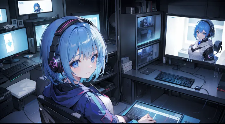 ((1girl in)),Home、darkened room、(((1 large monitor)))、Girl operating a gaming computer、From the back、(((From  above、high-angle)))、Turned、Look at viewers、A smile、Blue-haired、short-hair、headphones、Gaming Chair、Cyber-inspired costumes