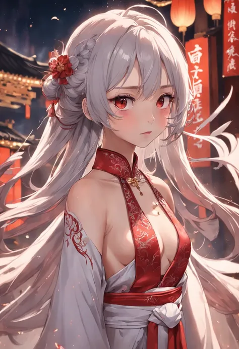 （best qualtiy，tmasterpiece：1.2），超高分辨率，realisticlying，Front lighting，Complicated details，Exquisitedetailsandtextures，（1girll），独奏，The upper part of the body，red color Hanfu，Petal pattern，Nice big eyes，Red dress，beauitful face，facing to audience，Streamers，gos...