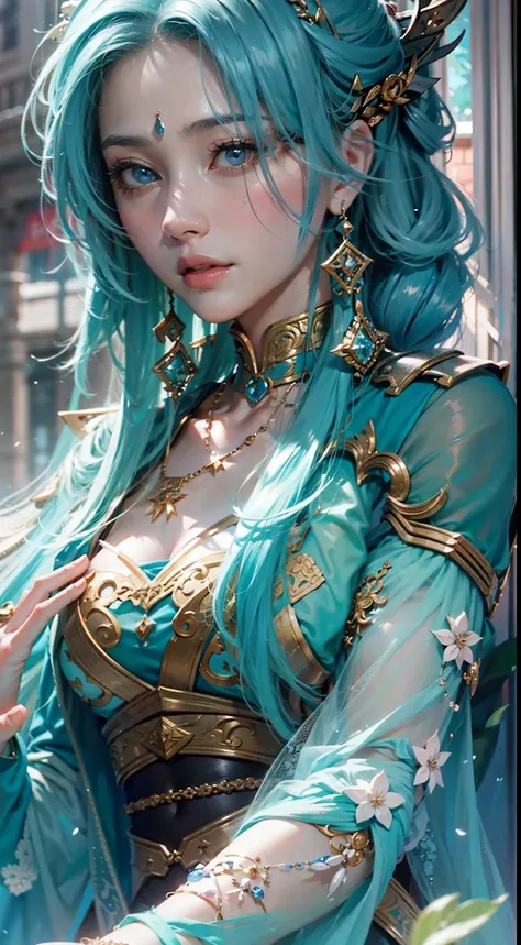 a close up of a woman with blue hair and a sword, concept art inspired by Lü Ji, trending on cg society, fantasy art, game cg, a beautiful fantasy empress, alluring princess knight, cinematic goddess close shot, portrait knights of zodiac girl, extremely d...