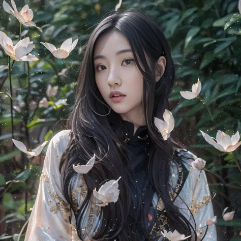 32K（tmasterpiece，k hd，hyper HD，32K）Long flowing black hair，ponds，zydink， a color，  Asian people （Silly girl）， （Silk scarf）， Combat posture， looking at the ground， long whitr hair， Floating hair， Carp pattern headdress， Chinese bright purple long-sleeved ou...