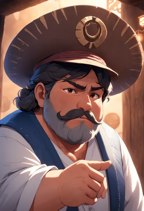 A fat middle-aged Mexican man with a brown beard, wearing hat, Wear traditional clothing, by Pixar, full bodyesbian, Pure frontal, Stretch your hands forward, Light perception, Optimized details