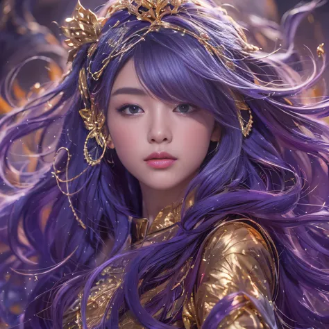 32K（tmasterpiece，k hd，hyper HD，32K）Long flowing bright purple hair，Autumn Pond，zydink， a color，  Asian people （Silly girl）， （Silk scarf）， Combat posture， looking at the ground， long whitr hair， Floating bright purple， Fire cloud pattern gold tiara， Chinese...