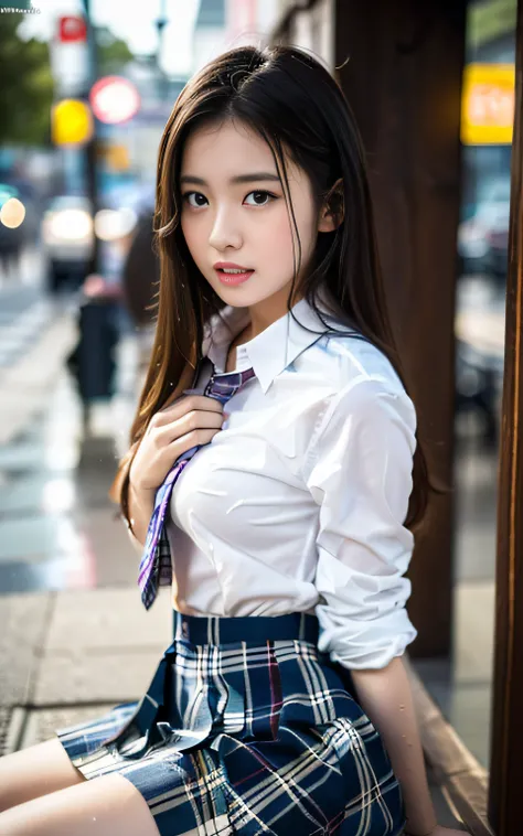 the Extremely Detailed CG Unity 8K Wallpapers、top-quality、ultra-detailliert、​masterpiece、realisitic、Photo Real、extremely detailed cute girl、18year old、High school girl sitting on floor with legs crossed、sophisticated gravure idol、Young Gravure Idol、Young P...