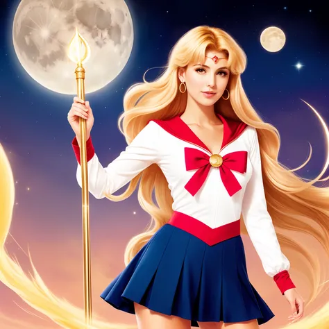 "(Mature and realistic depiction:1.2) Sailor Moon confidently wielding the Moon wand, her flowing blonde hair, dressed in trendy 2000s fashion."