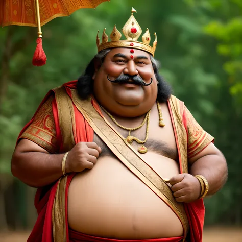 funny fat ancient Indian King with huge smile and mustache. Big belly and hold a old wooden umbrella --auto --s2