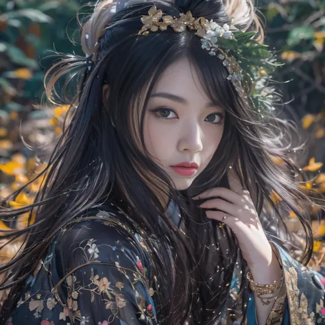 32K（tmasterpiece，k hd，hyper HD，32K）Long flowing black hair，ponds，zydink， a color，  Asian people （Silly girl）， （Silk scarf）， Combat posture， looking at the ground， long whitr hair， Floating hair， Carp pattern headdress， Chinese bright purple long-sleeved ou...