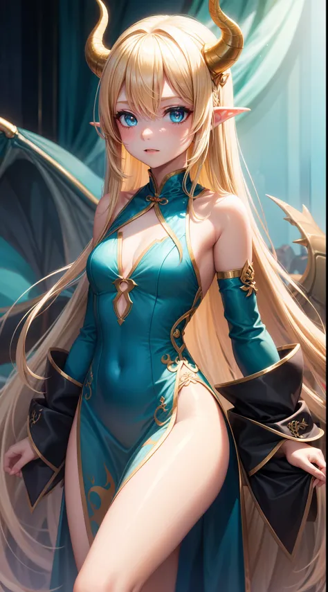 young girl, longue blonde hair, dragon horns, Cyan eyes, tight blue chinese dress, neckline on the chest, grudge, little chest, Masterpiece, hiquality