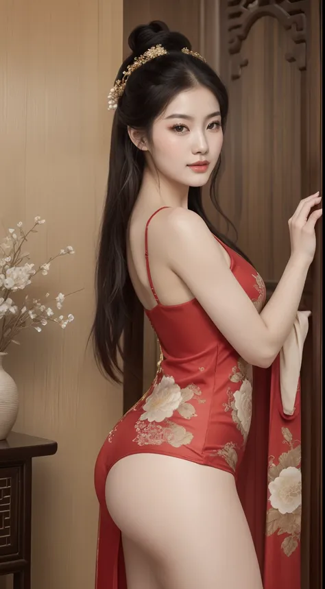 A beautiful girl in ancient China，The facial features are delicate and fair，Cool temperament，Black hair coiled into a bun，Wears a gold coat on his head，Chinese Song Dynasty clothing，Big red wedding dress（Ultrathin），underwear is visible，thighs visible，Long ...