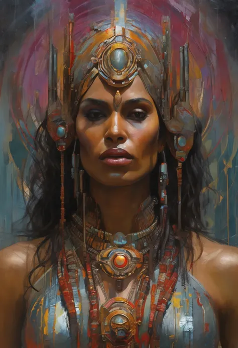 futuristic indigenous futurism,actress priyanka chopra as An advanced cybernetic cyborg indian Hindu goddesses of war, sensuality,artistic details,cyberpunk hindu mythology,epic sci-fi fantasy, centered,in the style of Nick Alm fantastical futuristic fanta...