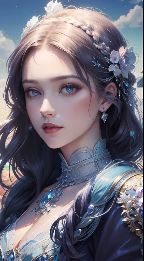 tmasterpiece，highest high resolution，dynamic bust of beautiful aristocratic maiden，braided hair coiled around the hair，blue-purp...