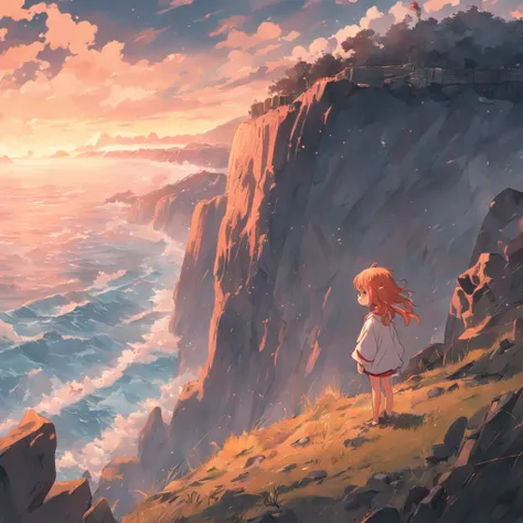 ((​masterpiece, Best quality at best)), Coastal image of a child looking at a cliff, overcast sky, Horror style, prophecy ::n_ アニメ, 插圖, low quality