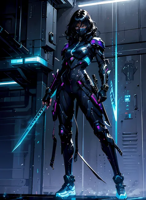 ((best quality)), ((masterpiece)), (illustration), (cinematic), perfect lighting, mature 35-year-old woman, 1girl, dark skin, athletic body, curly black and hair, fierce warrior, shoulder pads, futuristic assassin, cyberpunk samurai, stylish futuristic fas...