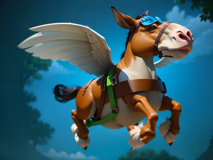 There is a horse with a harness on his back, tenma，There are sunglasses on the head, with hooves and wings, Avatar image, Close-up Shot Shot, Pony, alphonse fly, Flying creatures, Pegasus, Stylized 3 D, Flying, close up photograph, arte renderizada