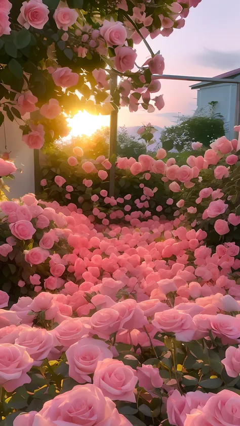 pink roses are in the foreground of a garden with a sunset in the background, beautiful aesthetic, pink golden hour, roses in cinematic light, an aesthetic field of flowers, pink sunlight, explosion of flowers, floral sunset, beautiful and aesthetic, porta...