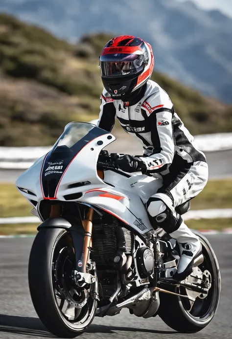 The highest image quality、Exceptional detail、超A high resolution、(Realstic:1.4)、high-detail、Favor the details、Highly condensed 1girl、Longhaire、delicate and beautiful face、Dressed in a white leather racing suit、Racing on a black motorcycle、The background is ...