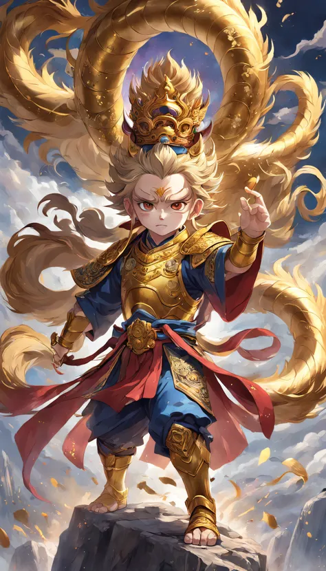 {Fight Saint Buddha - Sun Wukong}, {Human monkey face}, {Two golden eyes}, {Holding a ruyi golden hoop rod}, {Wears a purple-gold crown on his head}, {Wearing capital armor}, {Stepping on colorful auspicious clouds}, {Make a big fuss about the Lingxiao Tre...