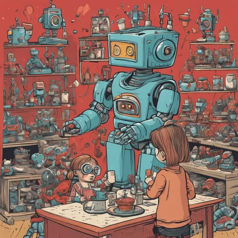 Red robot away from the scene, atacando com um golpe flamejante, (little girl, rear image, 5 years old, holding robots hand ) Huge robot sitting having a tea party with little girl. Robot has flower neclace