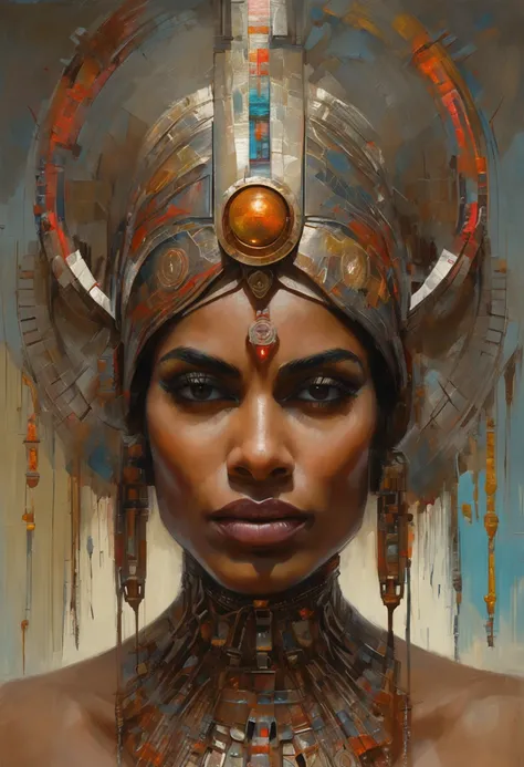 futuristic indigenous futurism,actress priyanka chopra as An advanced cybernetic cyborg indian Hindu goddesses of war, sensuality,artistic details,cyberpunk hindu mythology,epic sci-fi fantasy, centered,in the style of Nick Alm fantastical futuristic fanta...