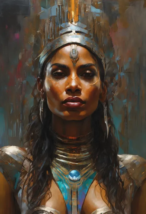 futuristic indigenous futurism,actress priyanka chopra as An advanced cybernetic cyborg indian Hindu goddesses of war, sensuality,artistic details,cyberpunk hindu mythology,epic sci-fi fantasy, centered,in the style of Nick Alm fantastical futuristic fanta...