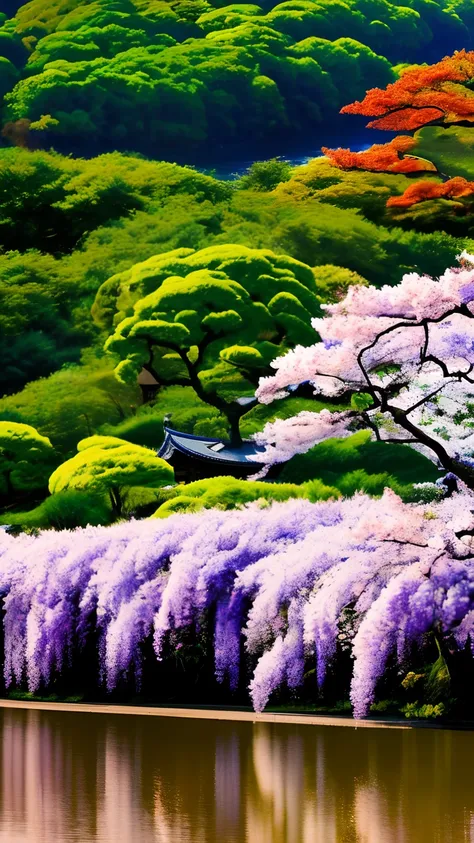 mdjrny-pprct, japanese architecture, Sakura, wisteria, flower garden, mountains and rivers, Clouds (high detial: 1.2)、evening glow