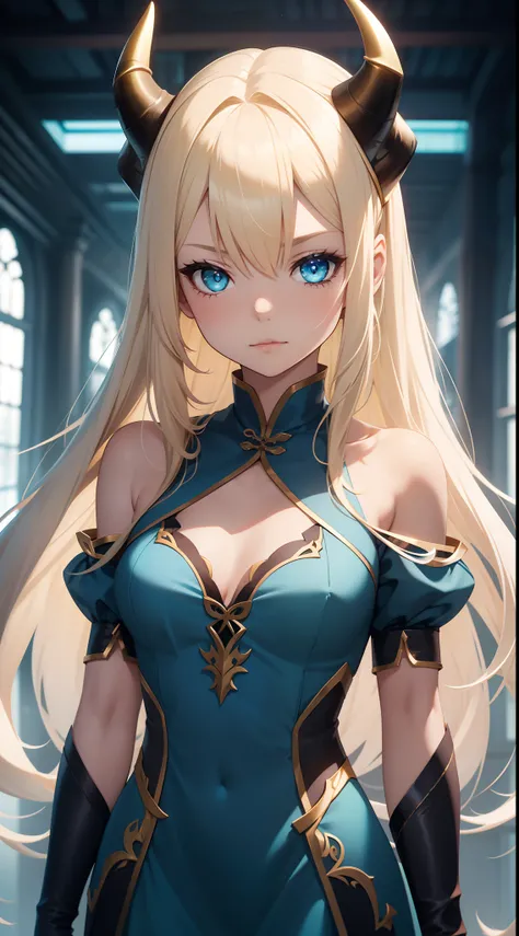 young girl, longue blonde hair, dragon horns, Cyan eyes, tight blue chinese dress, neckline on the chest, grudge, little chest, Masterpiece, hiquality