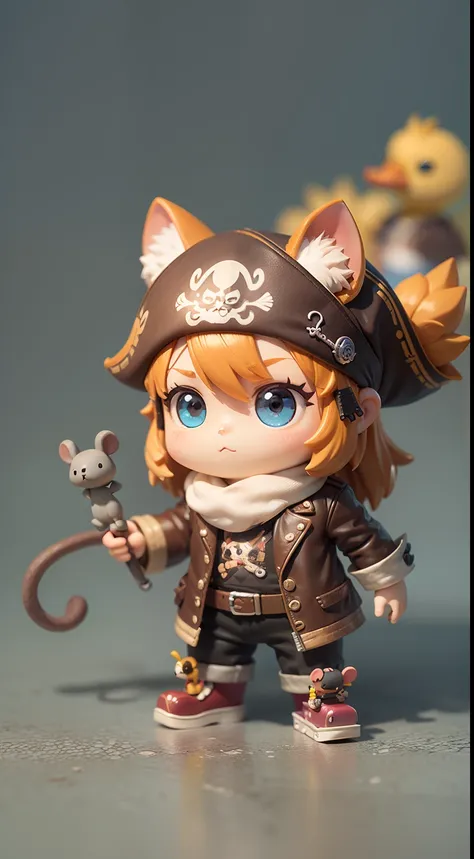 chibi with team mouse, cat, rabbit, duck, tiger, cute, pirate, big badejo, full body, masterpiece, 3D Rendering, Best Quality, Lots of Detail, (plain background), vinyl toy figurine, ultra detail,