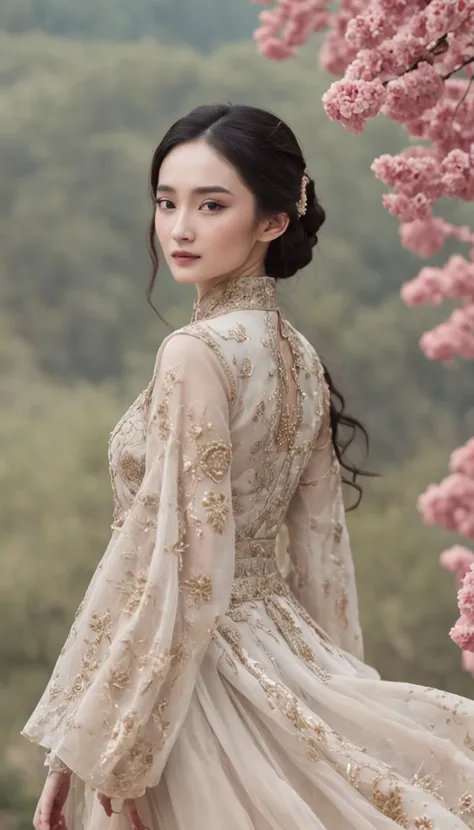 Yang Mi，Floral dress，Side view，outside，with blue sky and white clouds，photorealestic，extremely happy，Bouquet in hand，high-definition picture quality，summer flowers，morningglow，Works of masters，Master of photography，8k wallpaper，depth of fields,32K（tmasterp...