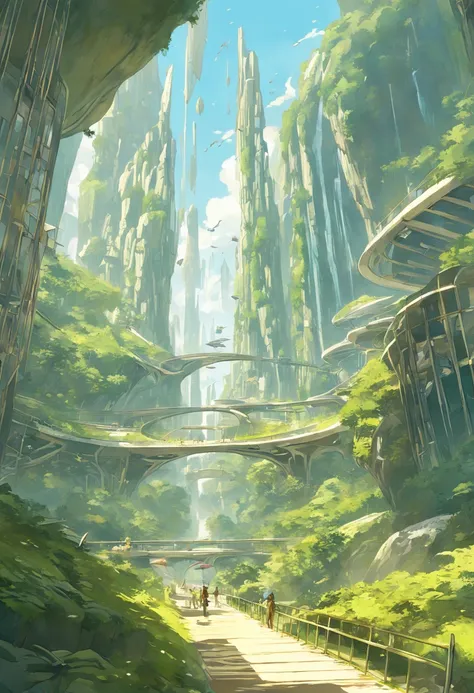 multicolor, surreal, masterpiece, countryside, Futuristic design of an awesome sunny day environment concept art on a futuristic forest terrain with huge waterfalls, streams, orchids, landscaped, aesthetics, nature architecture, proportional, detailed, blu...