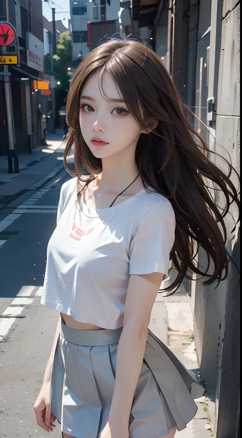 top-quality, intricately details, color difference, 1girl in, long whitr hair, brunette color hair, Unkempt hair, White highlights, red eyes, sharp eye, Oversized white T-shirt, Ultra mini skirt, pantie, cowboy lens, wind lift, (oversize T shirt: 1.2 inche...