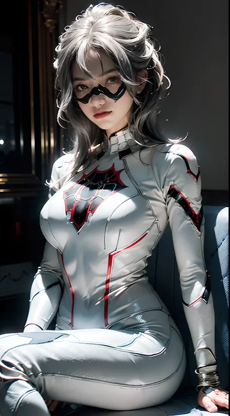 (Extreme Detail CG Unity 8K wallpaper, masterpiece, highest quality), (Exquisite lighting and shadow, highly dramatic picture, Cinematic lens effect), a girl in a white Spider-Man costume, silver gray hair color, from the Spider-Man parallel universe, Weng...